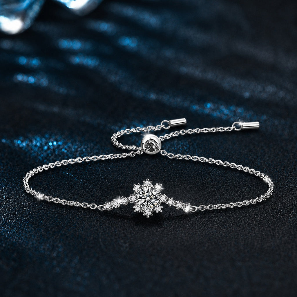 Snowflake Round Moissanite Bolo Bracelet with CZ in White Gold-Plated S925 sterling silver styled product scene showing stone sparkle and chain detail