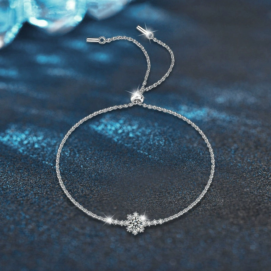 Snowflake Round Moissanite Bolo Bracelet with CZ in White Gold-Plated S925 sterling silver close-up bracelet detail view showing clasp and motif