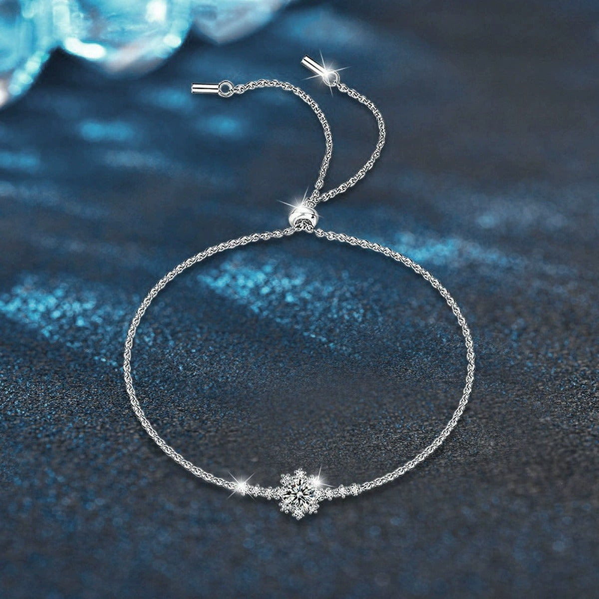 Snowflake Round Moissanite Bolo Bracelet with CZ in White Gold-Plated S925 sterling silver close-up bracelet detail view showing clasp and motif