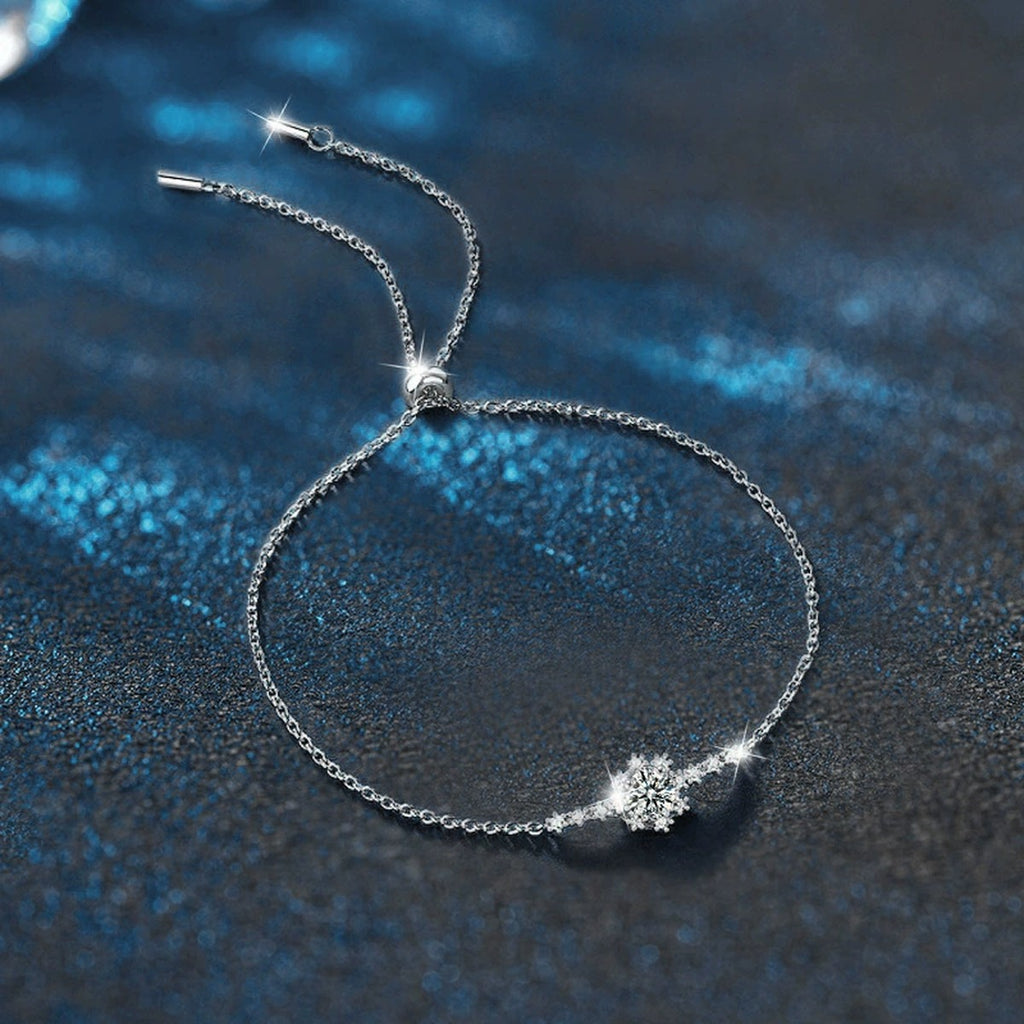 Snowflake Round Moissanite Bolo Bracelet with CZ in White Gold-Plated S925 sterling silver angled product display showing bracelet silhouette
