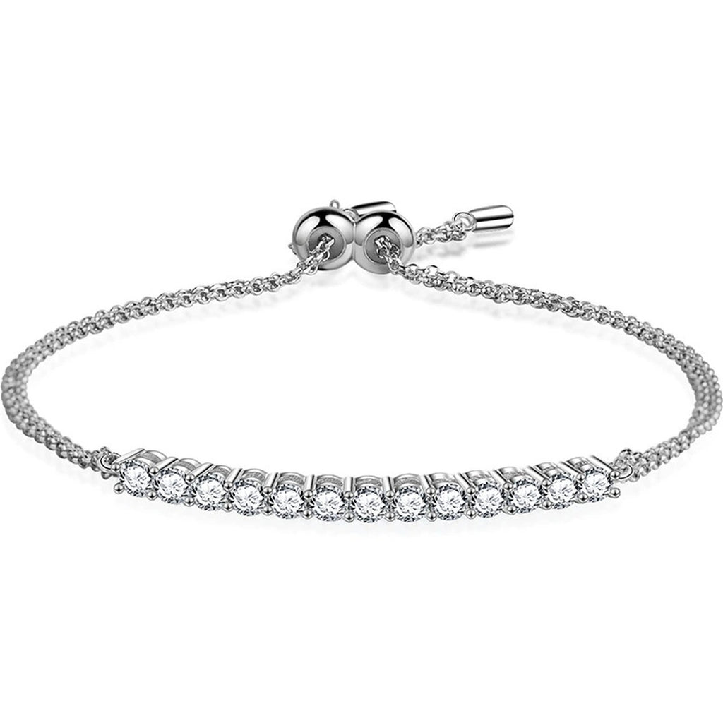 Round Moissanite Bolo Tennis Bracelet in White Gold-Plated S925 sterling silver white background product photo showing bracelet shape and moissanite setting