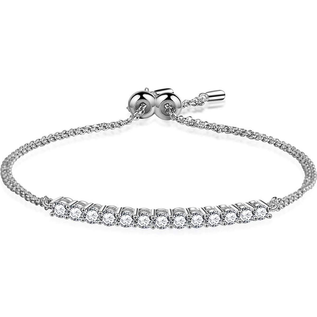 Round Moissanite Bolo Tennis Bracelet in White Gold-Plated S925 sterling silver white background product photo showing bracelet shape and moissanite setting