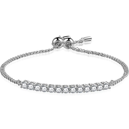Round Moissanite Bolo Tennis Bracelet in White Gold-Plated S925 sterling silver white background product photo showing bracelet shape and moissanite setting
