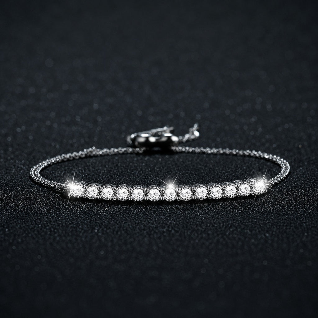 Round Moissanite Bolo Tennis Bracelet in White Gold-Plated S925 sterling silver styled product scene showing stone sparkle and chain detail