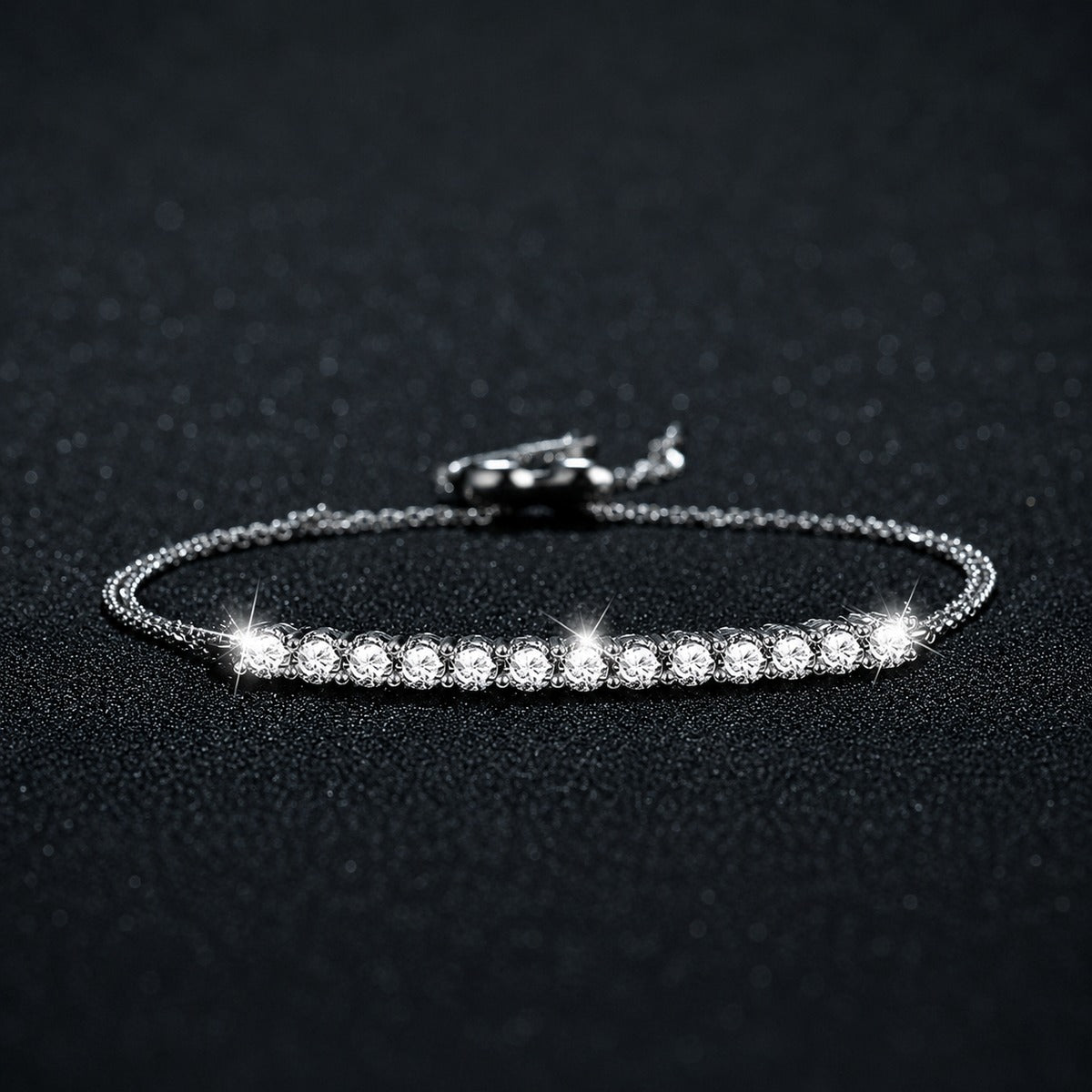 Round Moissanite Bolo Tennis Bracelet in White Gold-Plated S925 sterling silver styled product scene showing stone sparkle and chain detail