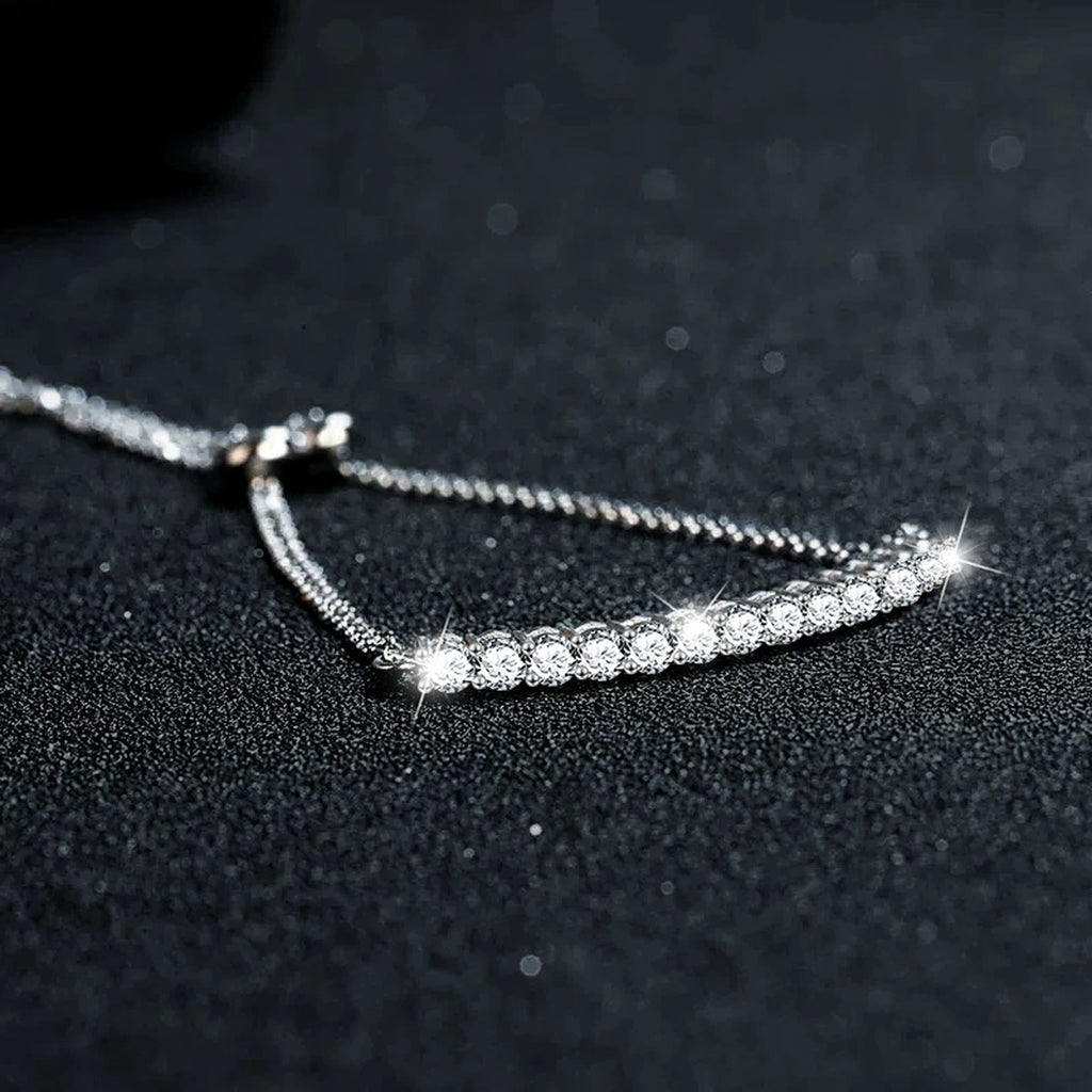 Round Moissanite Bolo Tennis Bracelet in White Gold-Plated S925 sterling silver close-up bracelet detail view showing clasp and motif