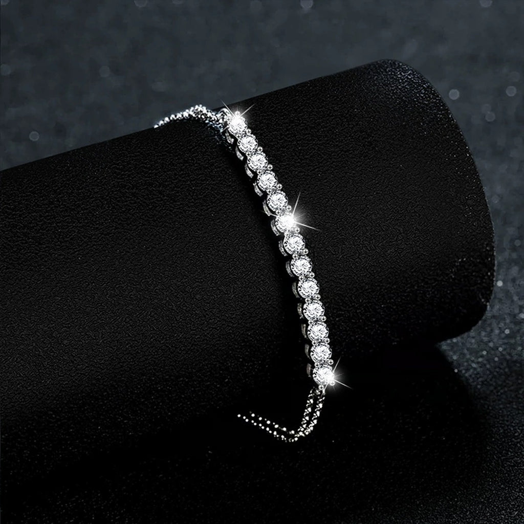 Round Moissanite Bolo Tennis Bracelet in White Gold-Plated S925 sterling silver angled product display showing bracelet silhouette