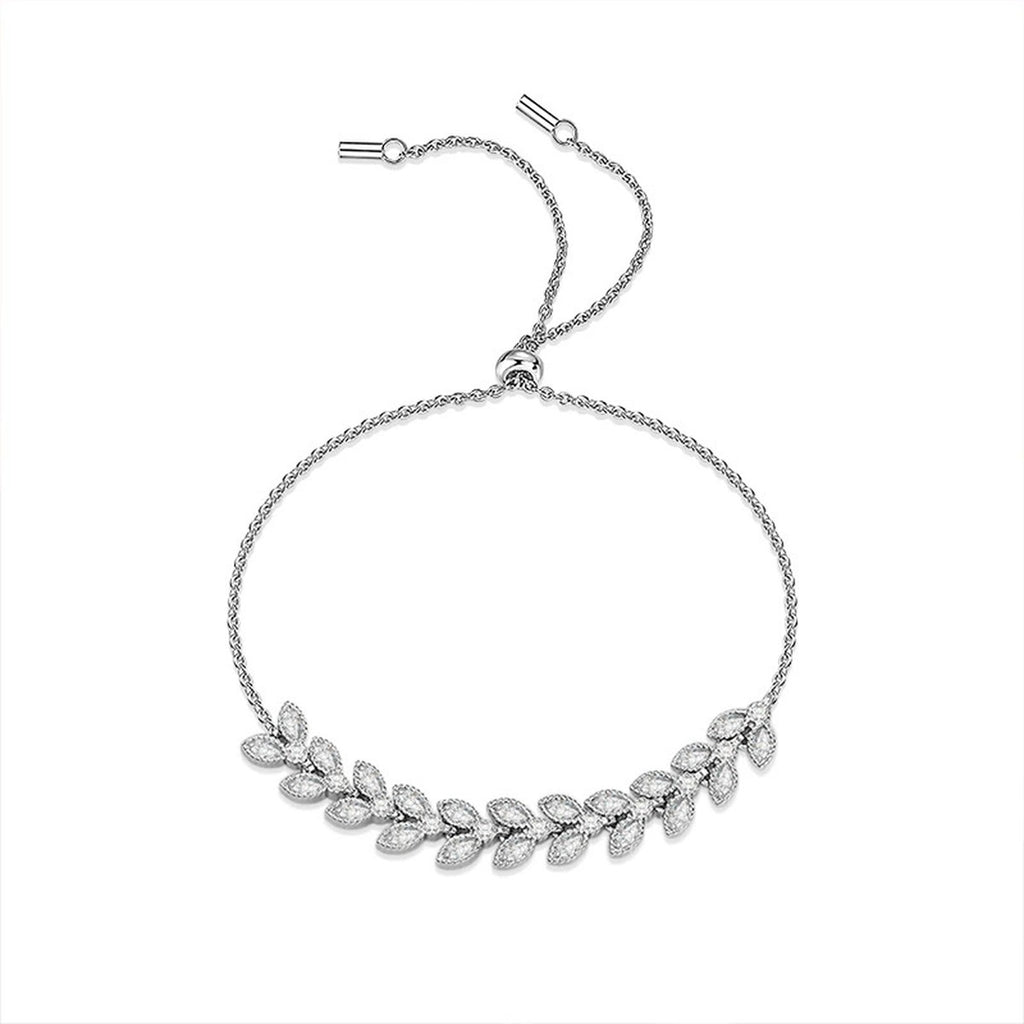 Wheat Motif Round Moissanite Bolo Bracelet with CZ in White Gold-Plated S925 sterling silver white background product photo showing bracelet shape and moissanite setting