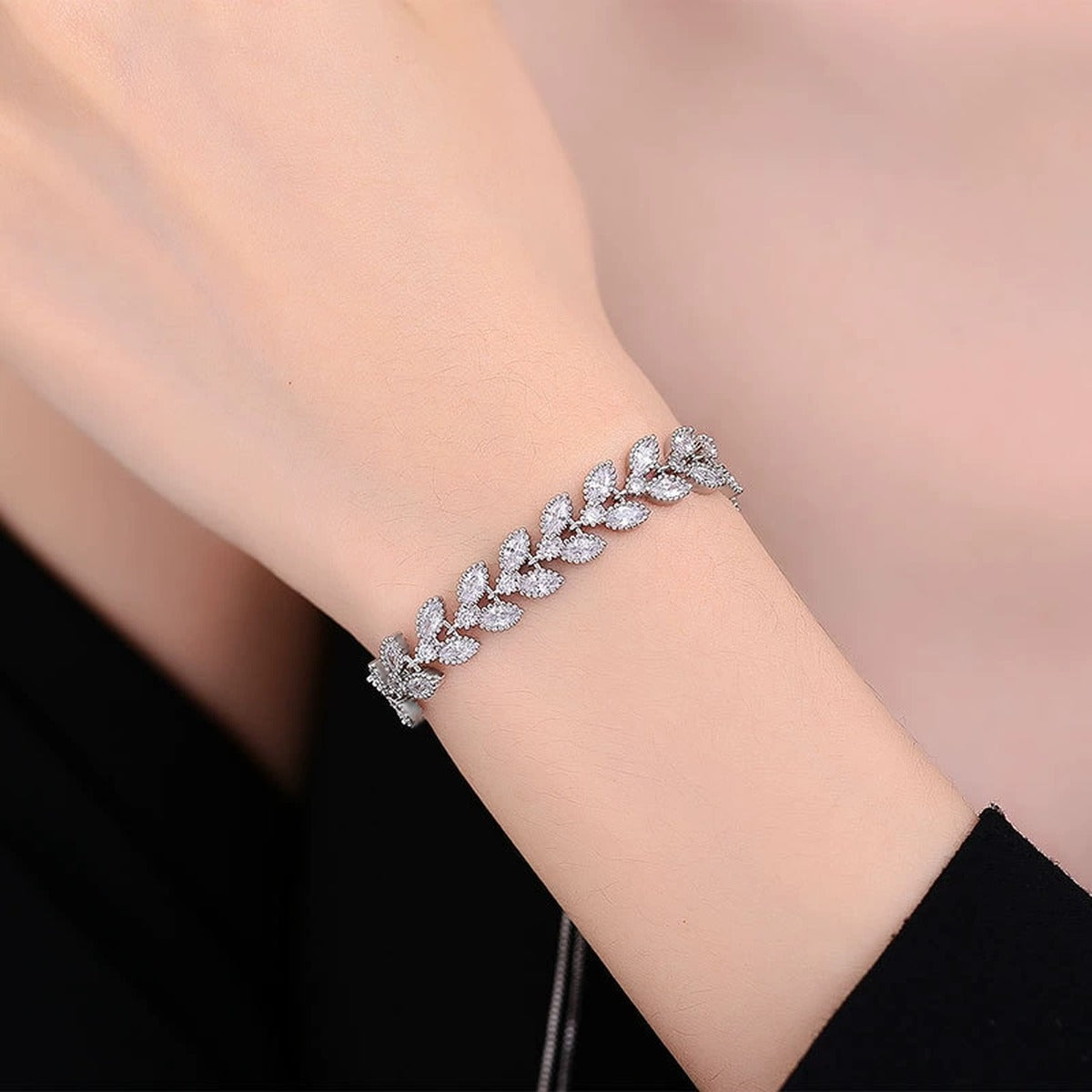 Wheat Motif Round Moissanite Bolo Bracelet with CZ in White Gold-Plated S925 sterling silver worn on wrist model view showing scale and adjustable fit
