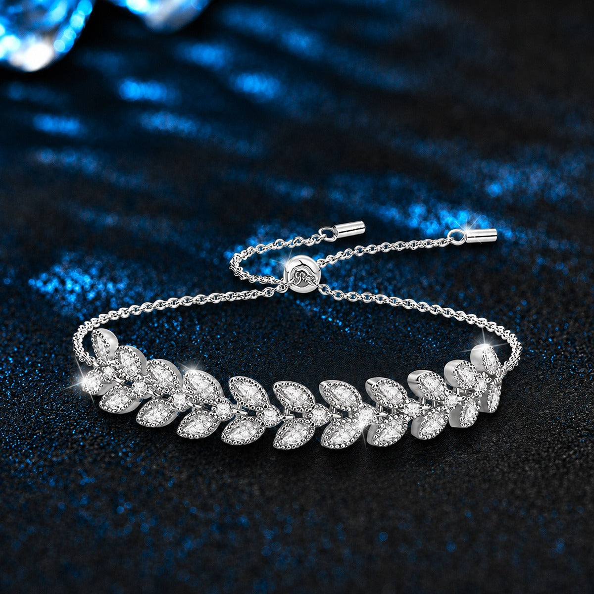 Wheat Motif Round Moissanite Bolo Bracelet with CZ in White Gold-Plated S925 sterling silver styled product scene showing stone sparkle and chain detail