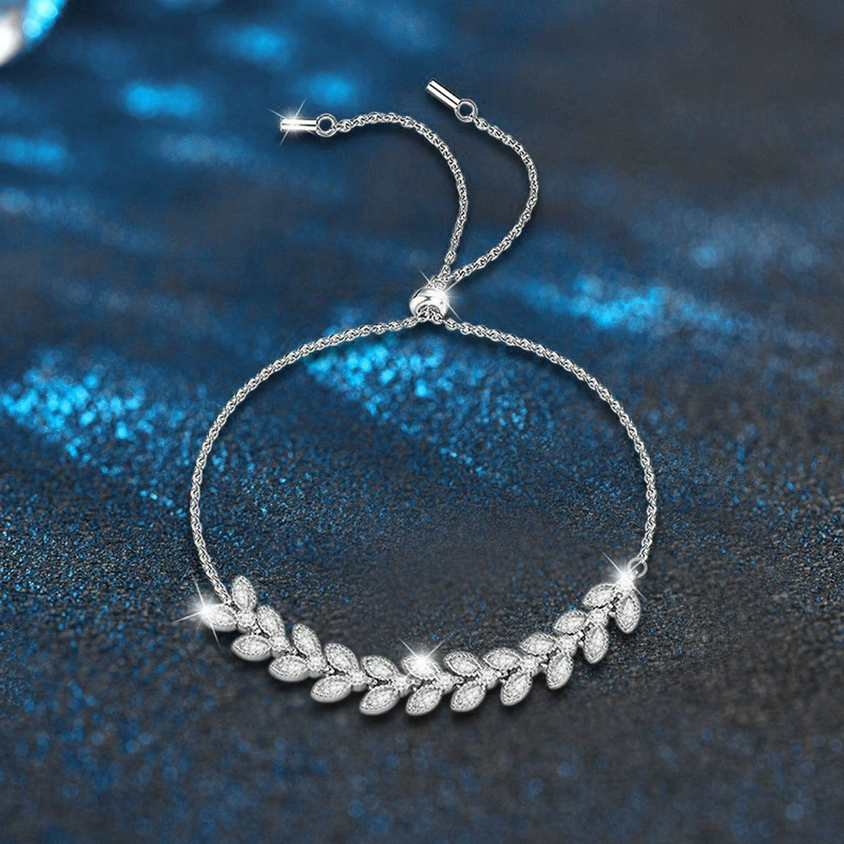 Wheat Motif Round Moissanite Bolo Bracelet with CZ in White Gold-Plated S925 sterling silver close-up bracelet detail view showing clasp and motif