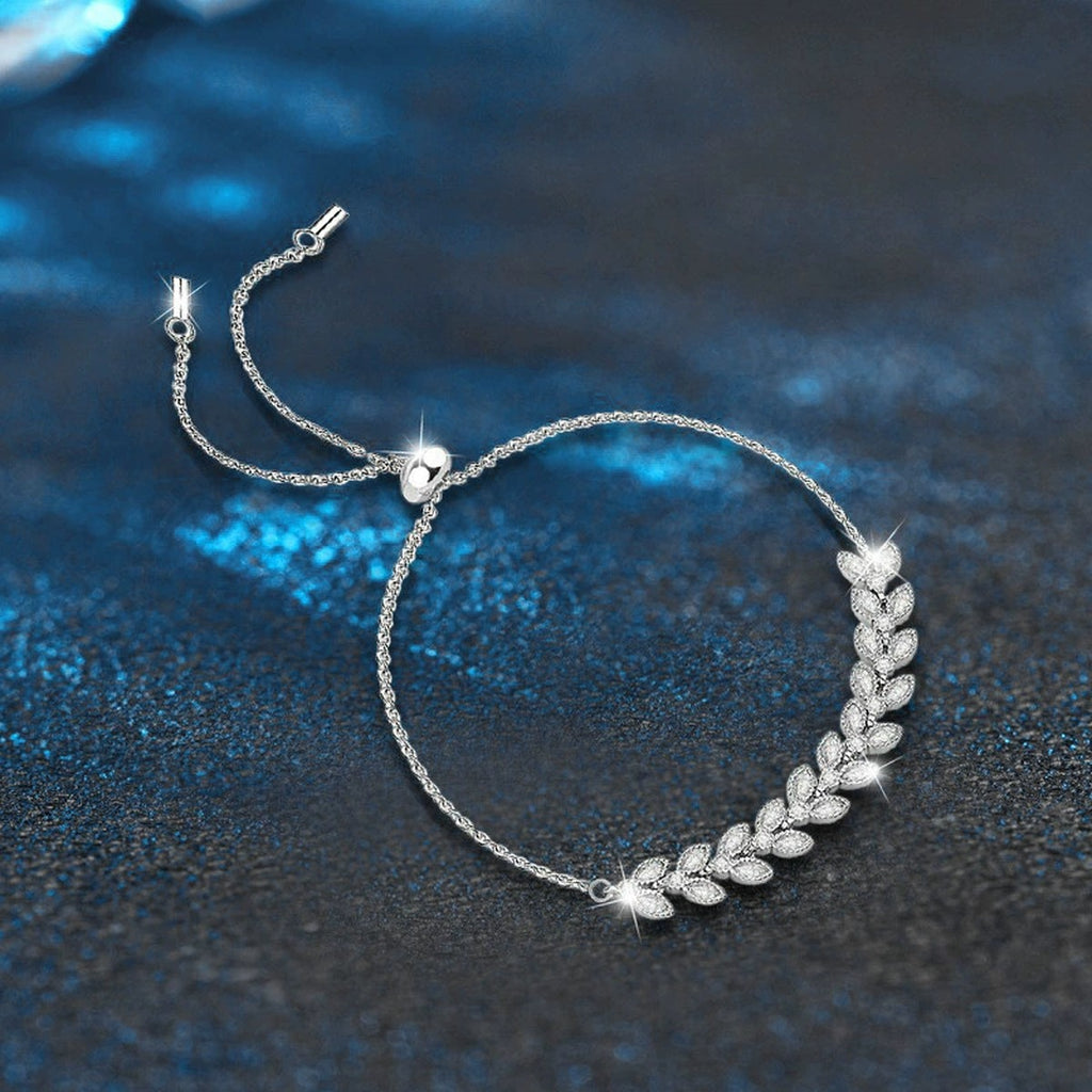 Wheat Motif Round Moissanite Bolo Bracelet with CZ in White Gold-Plated S925 sterling silver angled product display showing bracelet silhouette