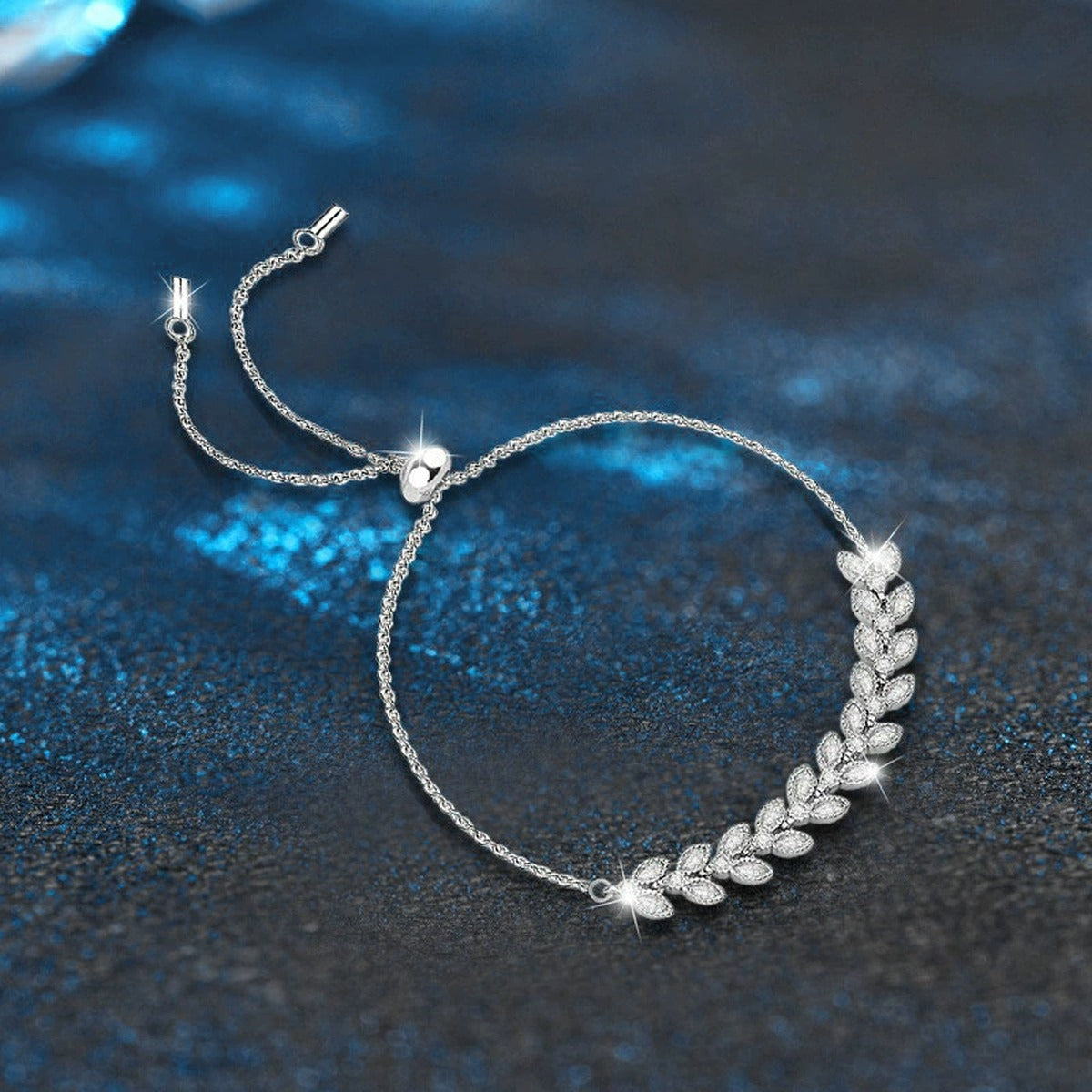 Wheat Motif Round Moissanite Bolo Bracelet with CZ in White Gold-Plated S925 sterling silver angled product display showing bracelet silhouette