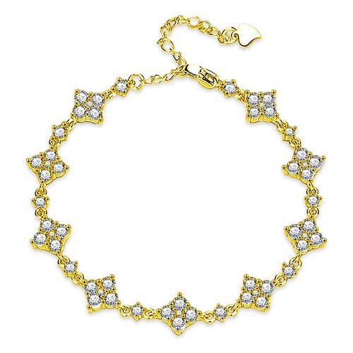 Clover Round Moissanite Charm Bracelet with CZ in Gold-Plated S925 sterling silver white background product photo showing bracelet shape and moissanite setting
