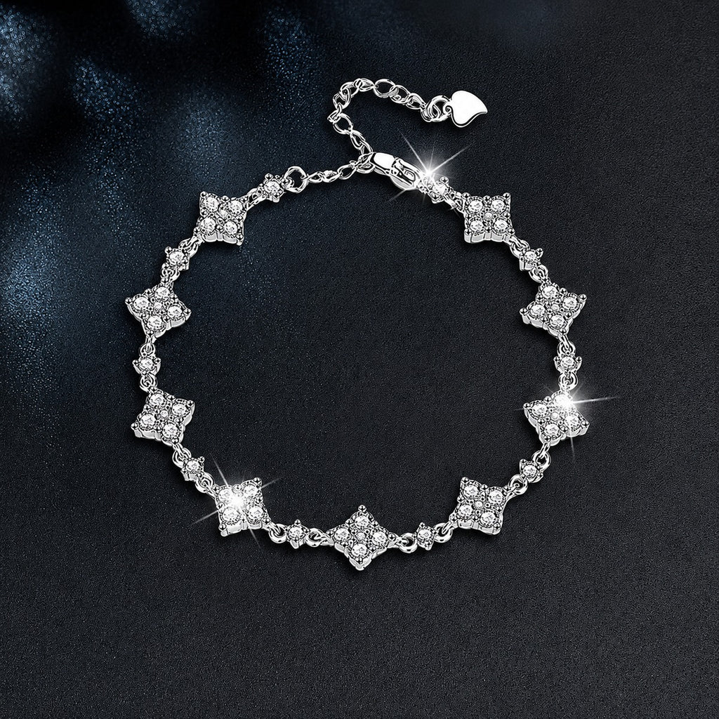 Clover Round Moissanite Charm Bracelet with CZ in Gold-Plated S925 sterling silver styled product scene showing stone sparkle and chain detail