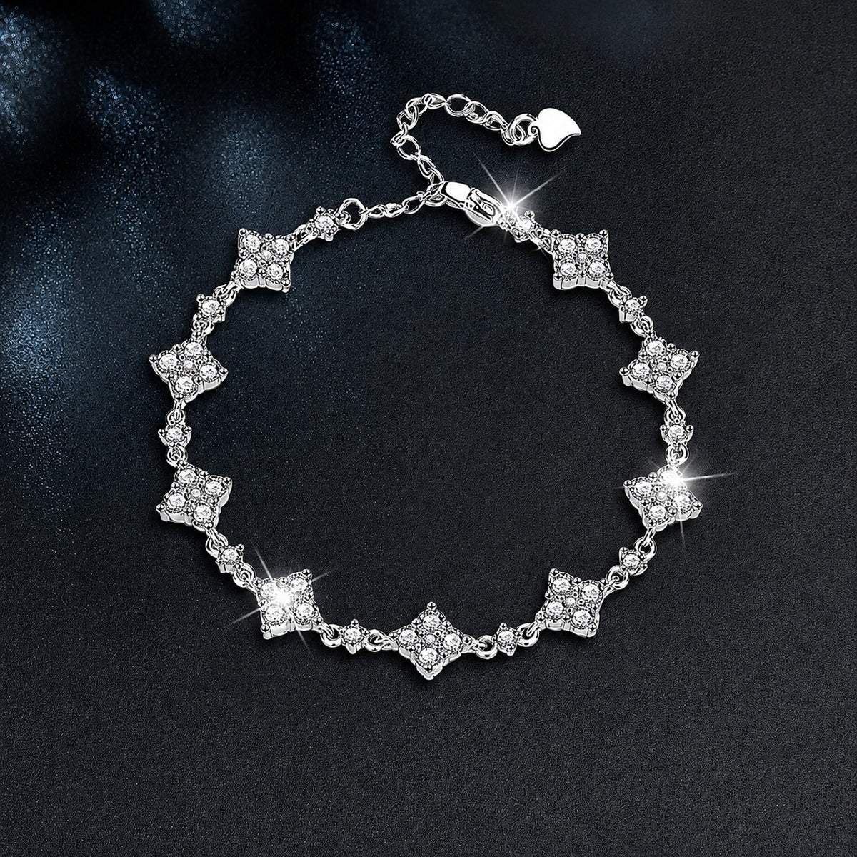 Clover Round Moissanite Charm Bracelet with CZ in Gold-Plated S925 sterling silver styled product scene showing stone sparkle and chain detail