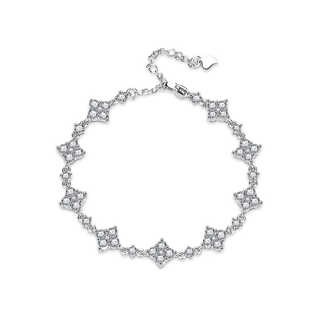 Clover Round Moissanite Charm Bracelet with CZ in Gold-Plated S925 sterling silver angled product display showing bracelet silhouette