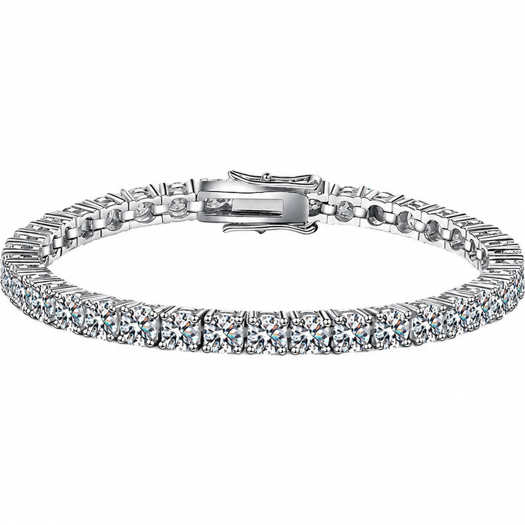 Double-Row Round Moissanite Tennis Bracelet in White Gold-Plated S925 Sterling Silver on a white background showing the complete bracelet silhouette, center motif, and setting