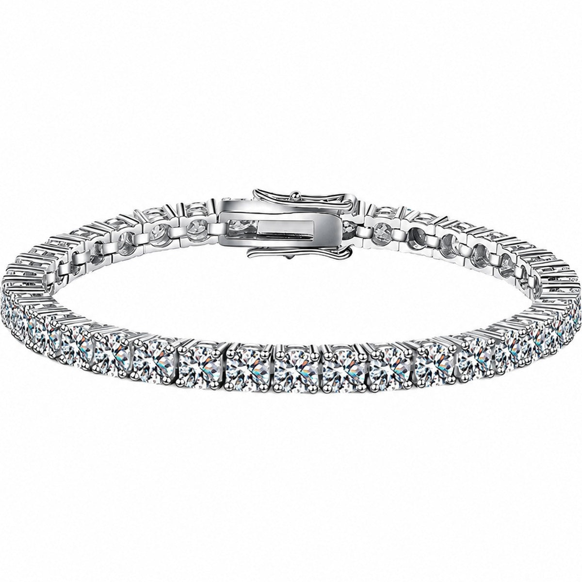 Double-Row Round Moissanite Tennis Bracelet in White Gold-Plated S925 Sterling Silver on a white background showing the complete bracelet silhouette, center motif, and setting