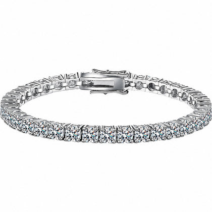 Double-Row Round Moissanite Tennis Bracelet in White Gold-Plated S925 Sterling Silver on a white background showing the complete bracelet silhouette, center motif, and setting