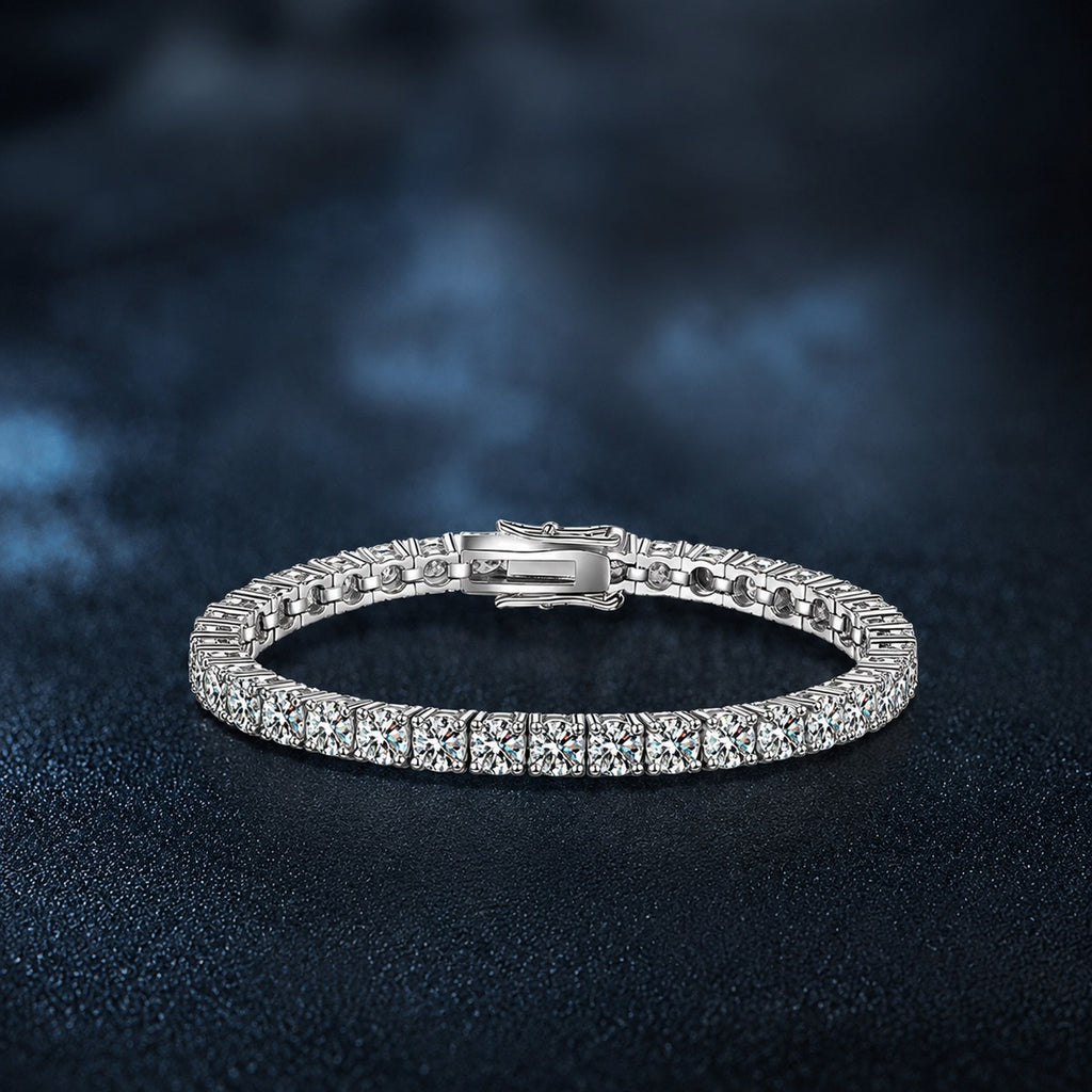 Double-Row Round Moissanite Tennis Bracelet in White Gold-Plated S925 Sterling Silver product detail view showing the moissanite setting, chain, and polished finish
