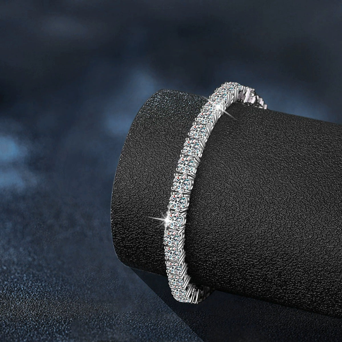 Double-Row Round Moissanite Tennis Bracelet in White Gold-Plated S925 Sterling Silver product detail view showing the moissanite setting, chain, and polished finish