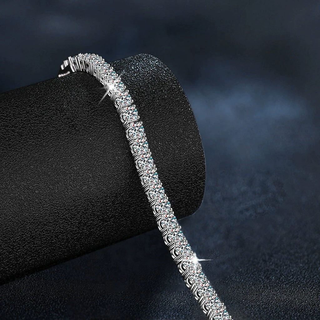 Double-Row Round Moissanite Tennis Bracelet in White Gold-Plated S925 Sterling Silver product detail view showing the moissanite setting, chain, and polished finish
