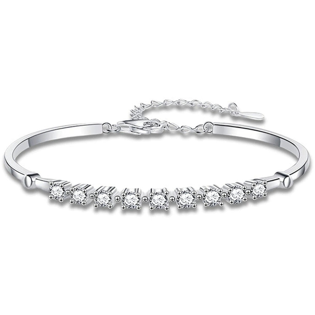 Graduated Round Moissanite Bangle Bracelet in White Gold-Plated S925 sterling silver white background product photo showing bracelet shape and moissanite setting