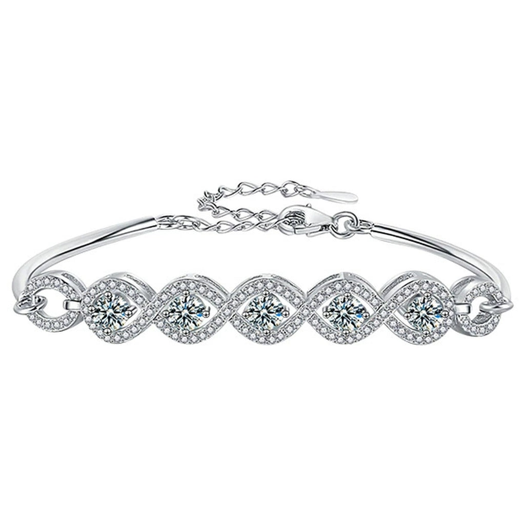 Five-Stone Round Moissanite Bangle Bracelet with CZ in White Gold-Plated S925 sterling silver white background product photo showing bracelet shape and moissanite setting
