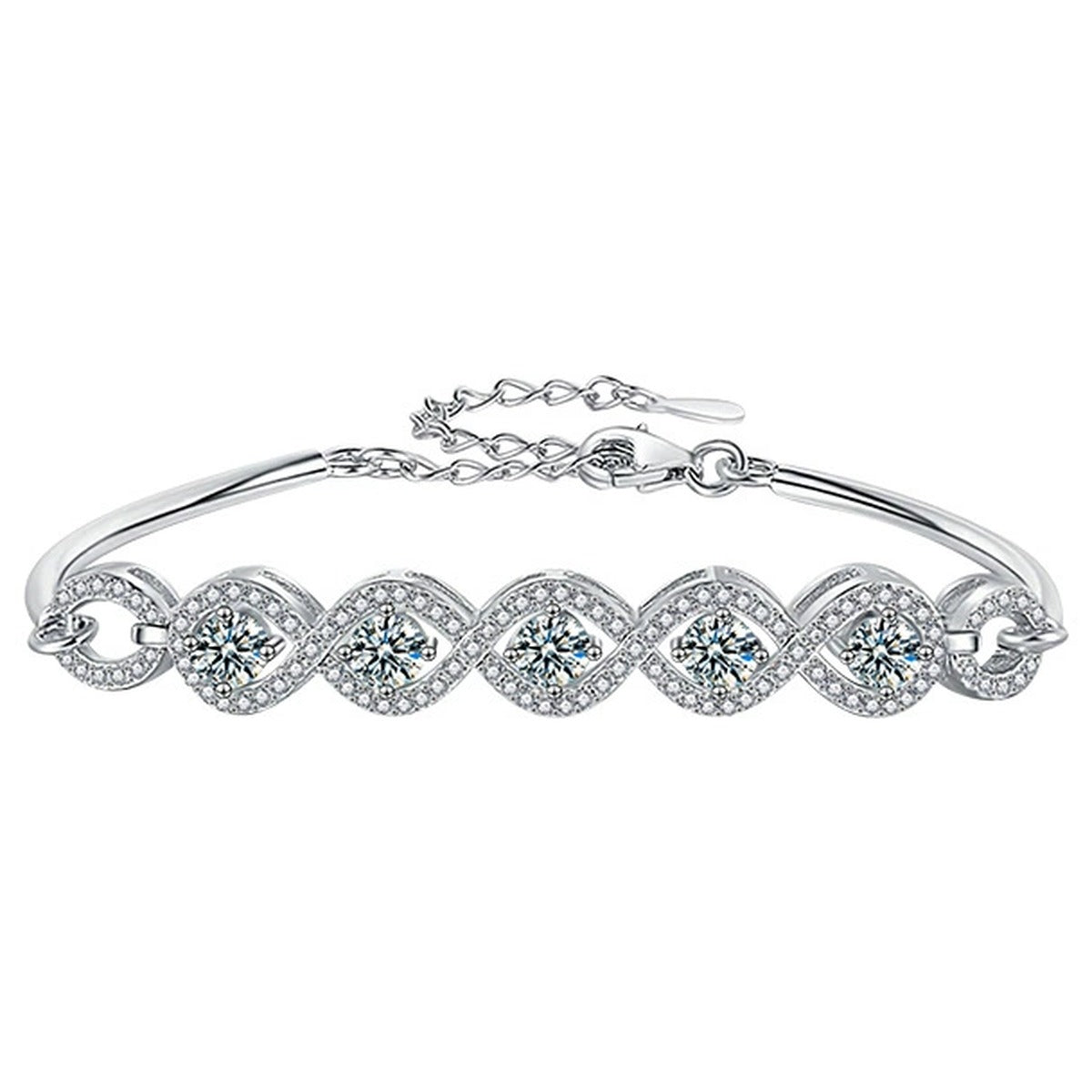 Five-Stone Round Moissanite Bangle Bracelet with CZ in White Gold-Plated S925 sterling silver white background product photo showing bracelet shape and moissanite setting