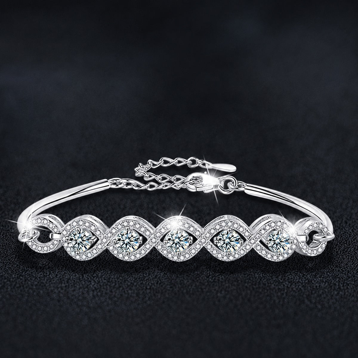 Five-Stone Round Moissanite Bangle Bracelet with CZ in White Gold-Plated S925 sterling silver styled product scene showing stone sparkle and chain detail