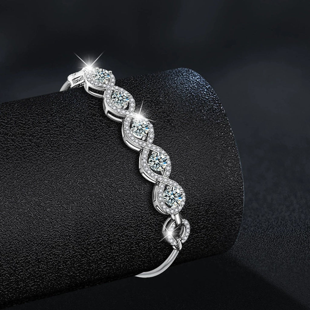 Five-Stone Round Moissanite Bangle Bracelet with CZ in White Gold-Plated S925 sterling silver close-up bracelet detail view showing clasp and motif