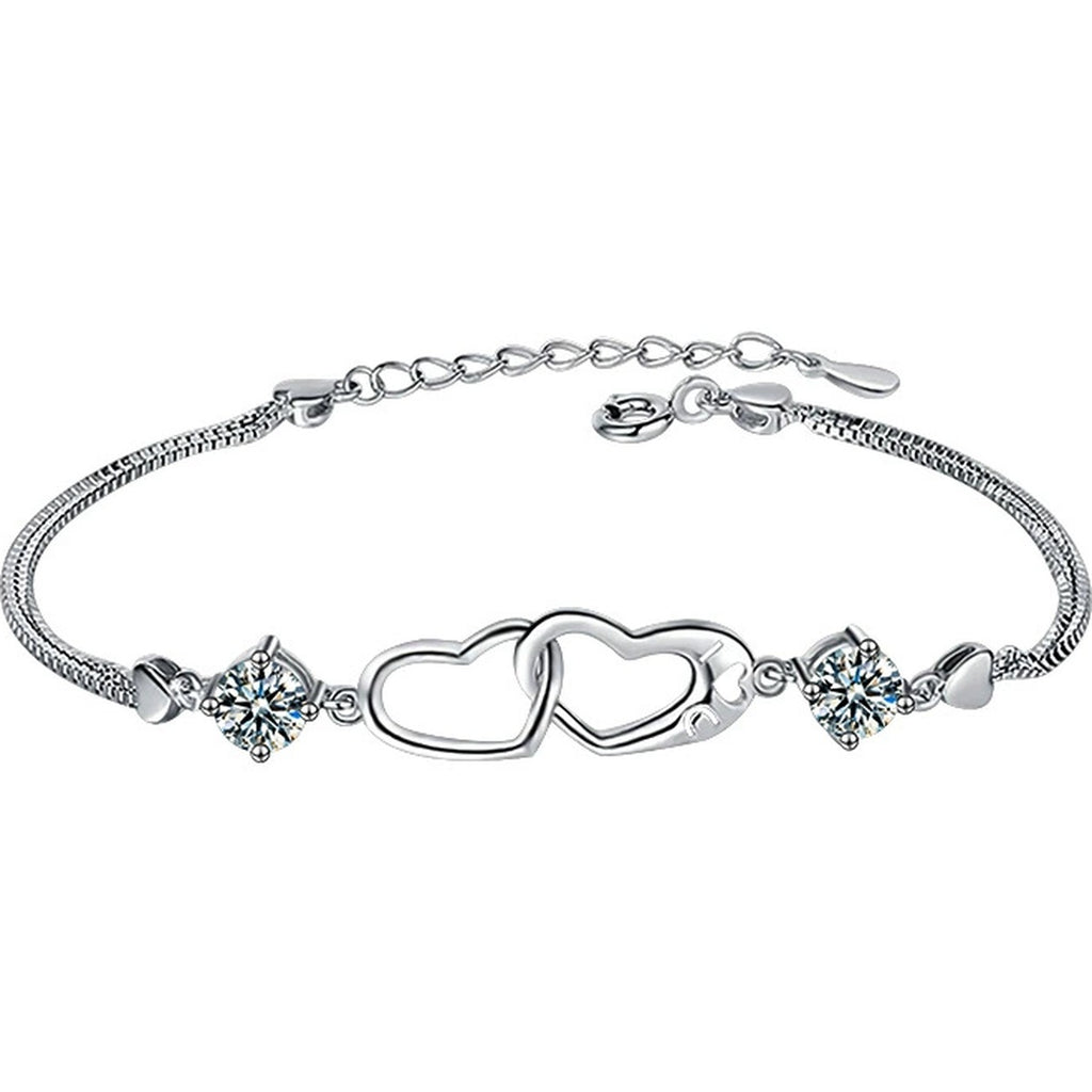 Double Heart Round Moissanite Bracelet in White Gold-Plated S925 sterling silver white background product photo showing bracelet shape and moissanite setting