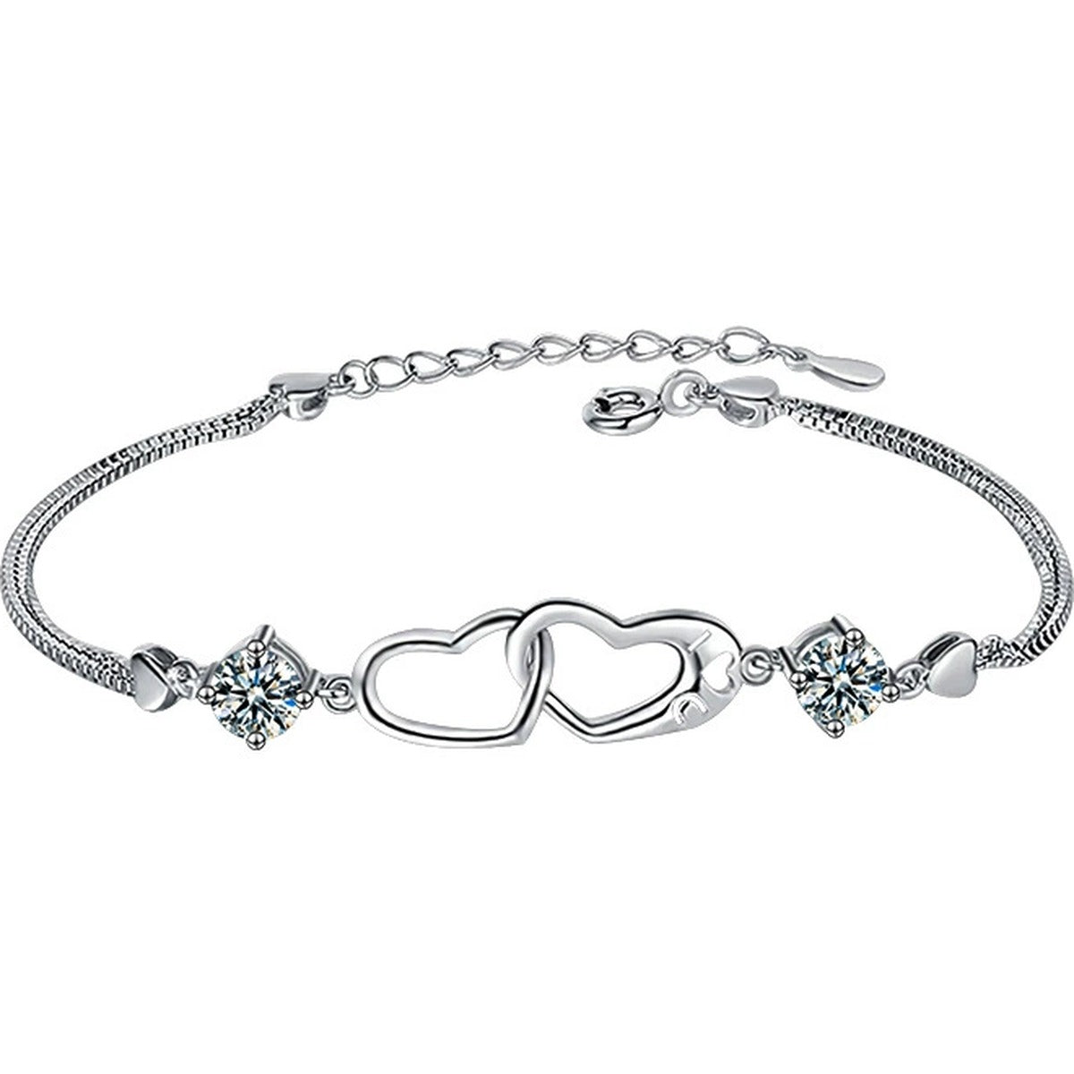 Double Heart Round Moissanite Bracelet in White Gold-Plated S925 sterling silver white background product photo showing bracelet shape and moissanite setting