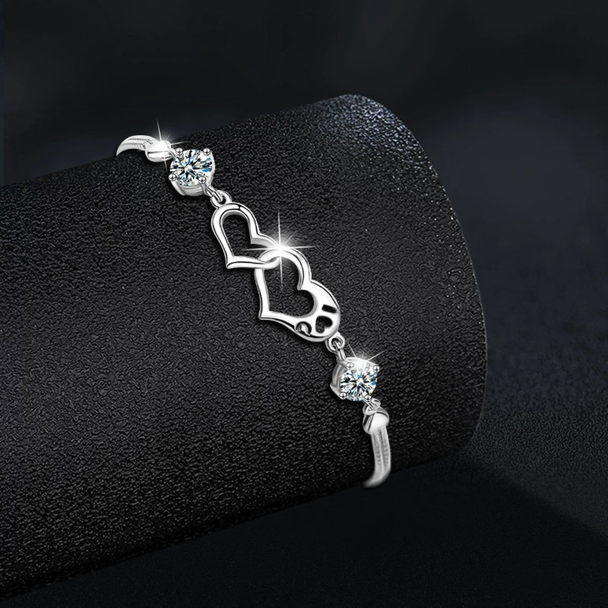 Double Heart Round Moissanite Bracelet in White Gold-Plated S925 sterling silver close-up bracelet detail view showing clasp and motif