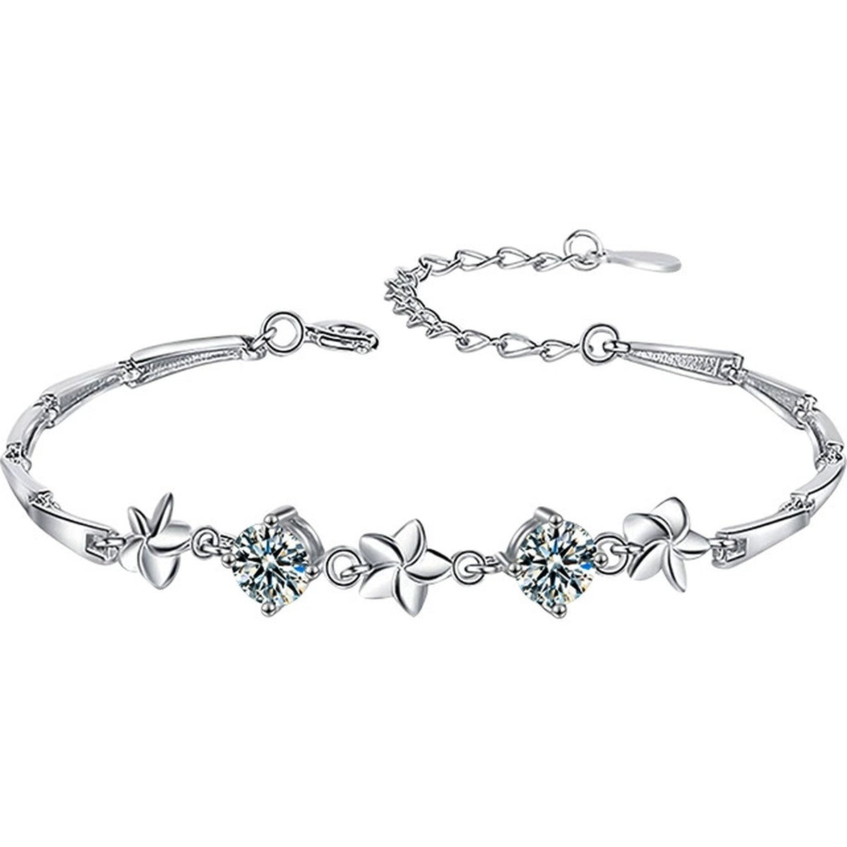 Pinwheel Round Moissanite Bracelet in White Gold-Plated S925 sterling silver white background product photo showing bracelet shape and moissanite setting