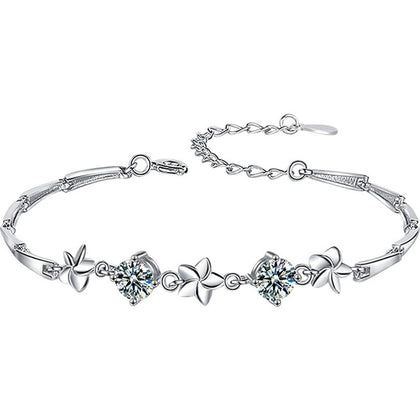 Pinwheel Round Moissanite Bracelet in White Gold-Plated S925 sterling silver white background product photo showing bracelet shape and moissanite setting