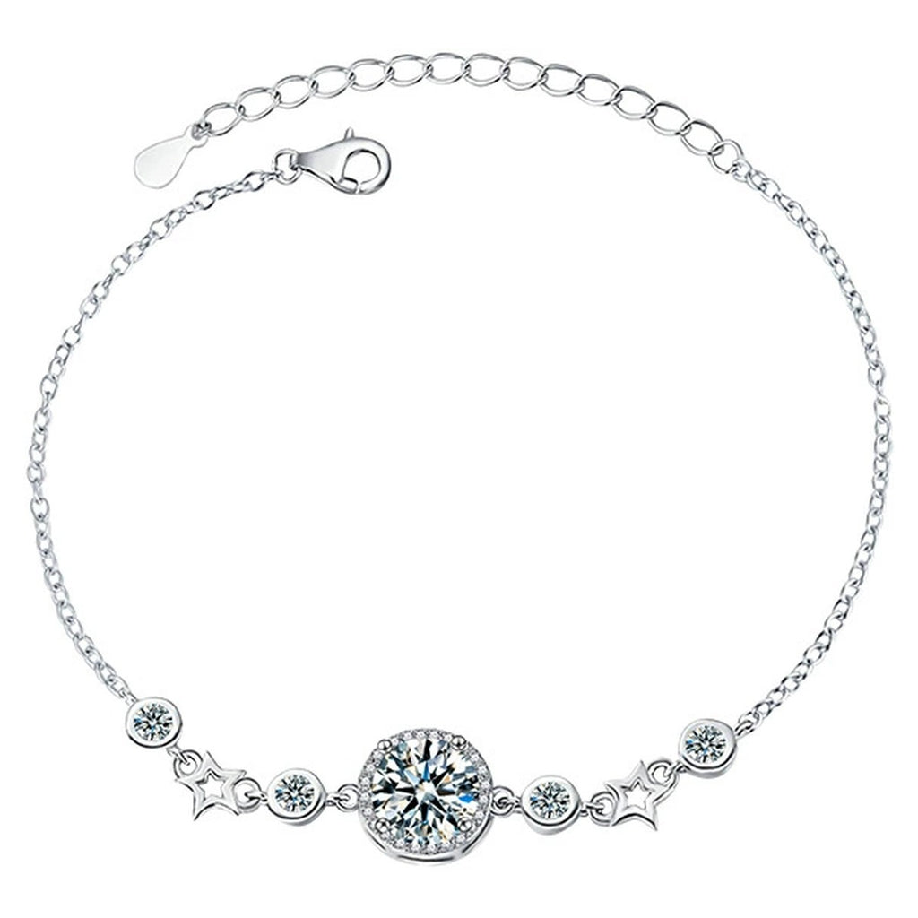 Round Moissanite Charm Bracelet with CZ in White Gold-Plated S925 sterling silver white background product photo showing bracelet shape and moissanite setting