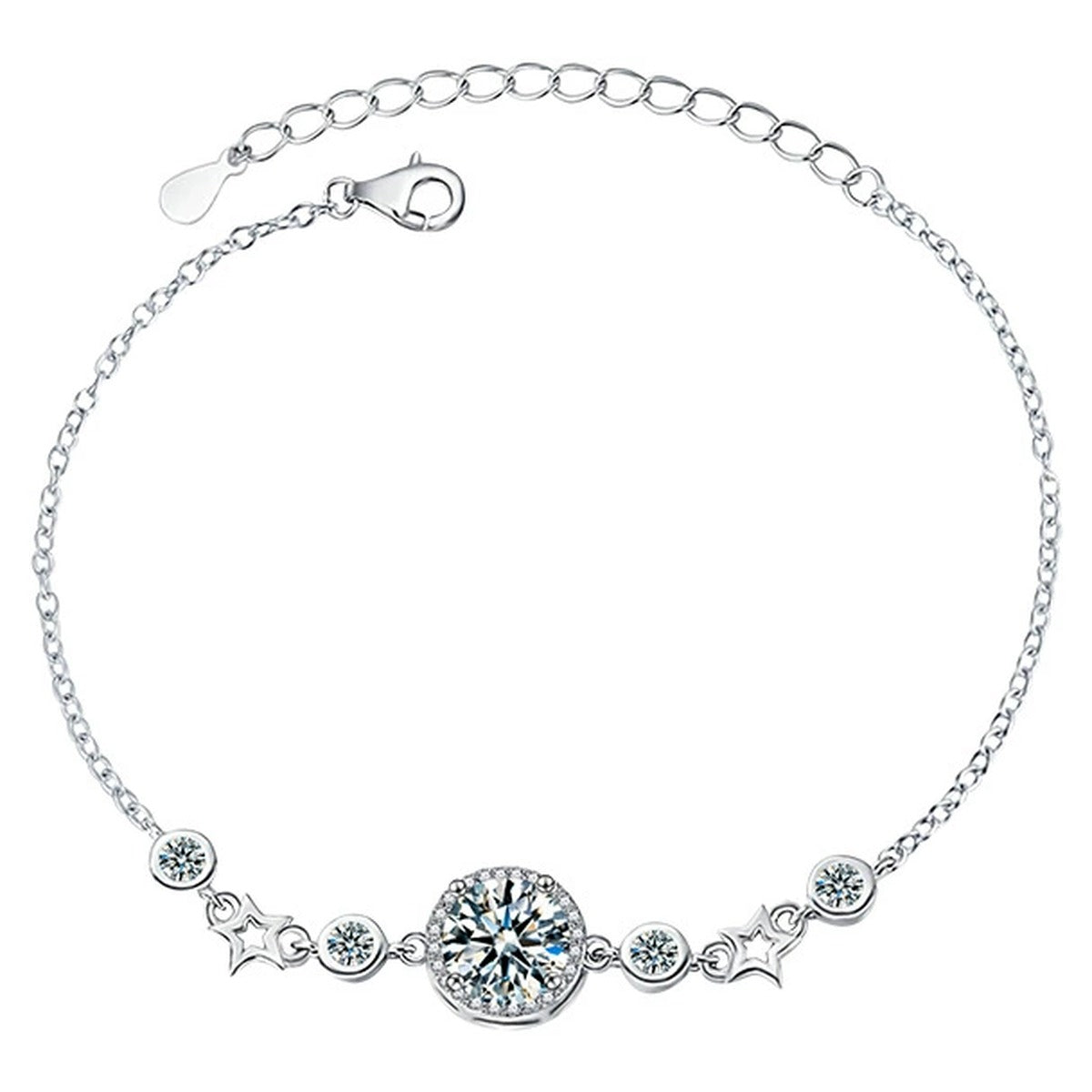 Round Moissanite Charm Bracelet with CZ in White Gold-Plated S925 sterling silver white background product photo showing bracelet shape and moissanite setting