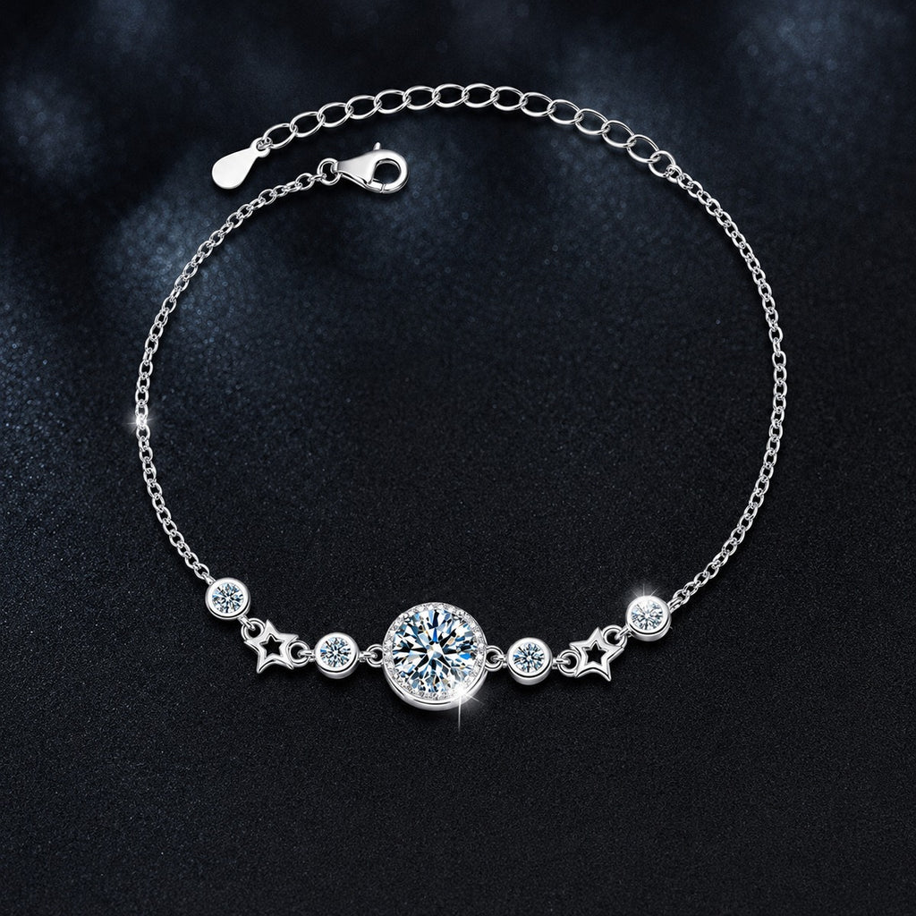 Round Moissanite Charm Bracelet with CZ in White Gold-Plated S925 sterling silver styled product scene showing stone sparkle and chain detail