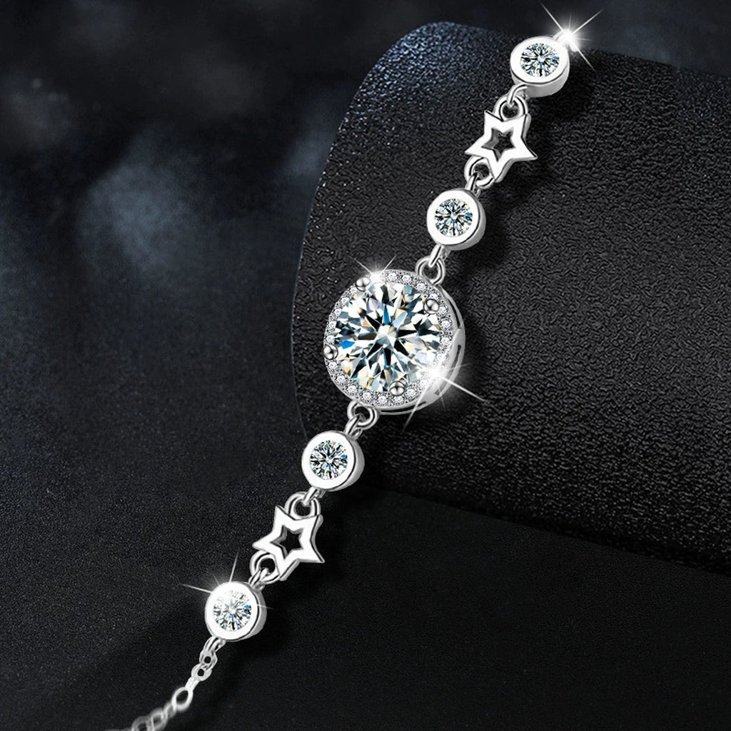 Round Moissanite Charm Bracelet with CZ in White Gold-Plated S925 sterling silver close-up bracelet detail view showing clasp and motif
