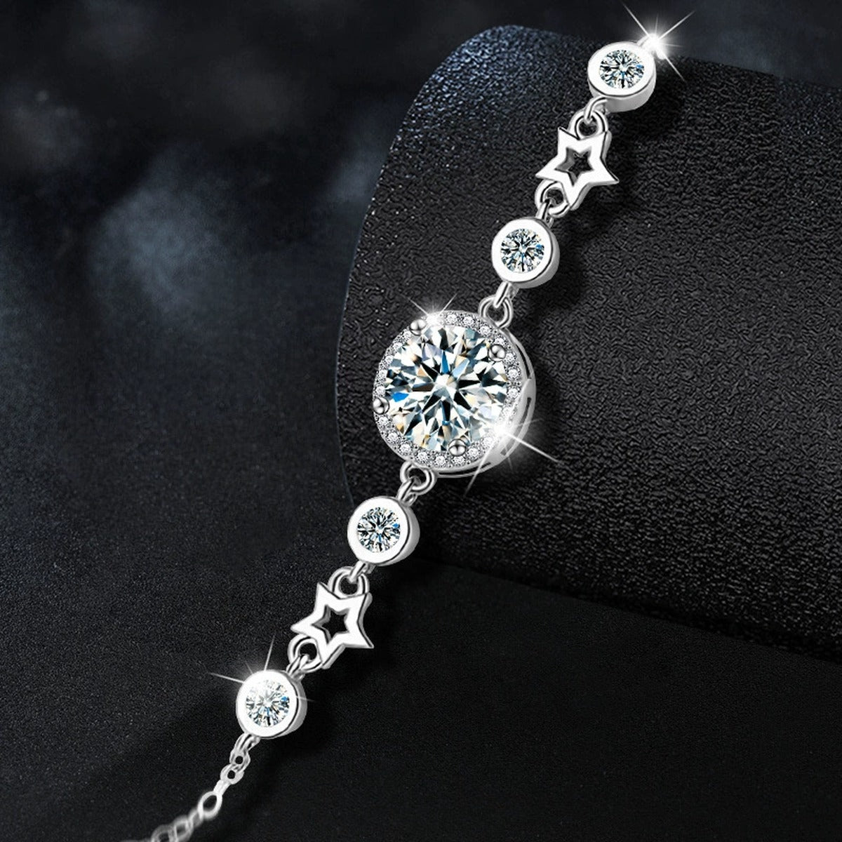 Round Moissanite Charm Bracelet with CZ in White Gold-Plated S925 sterling silver close-up bracelet detail view showing clasp and motif