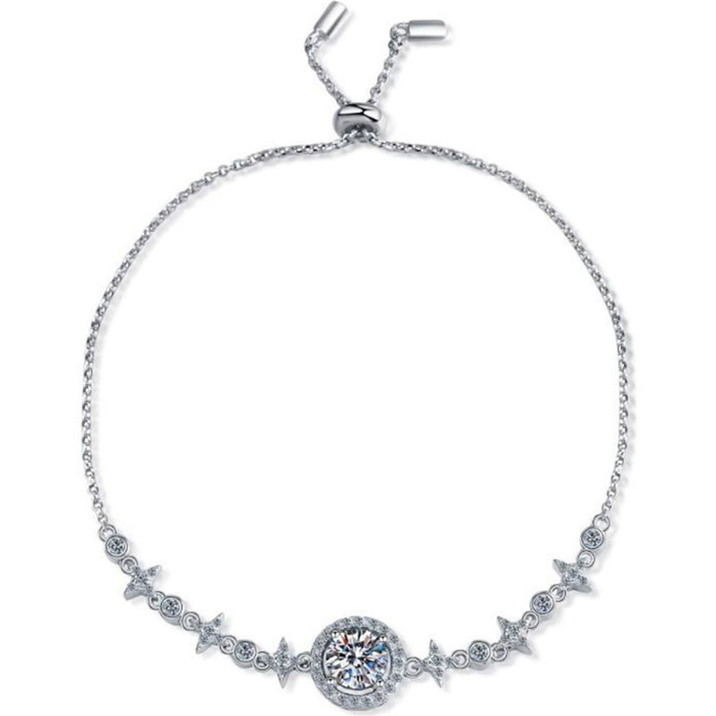 Round Halo Moissanite Bolo Bracelet with CZ in White Gold-Plated S925 sterling silver white background product photo showing bracelet shape and moissanite setting