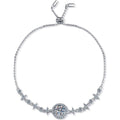 Round Halo Moissanite Bolo Bracelet with CZ in White Gold-Plated S925 sterling silver white background product photo showing bracelet shape and moissanite setting