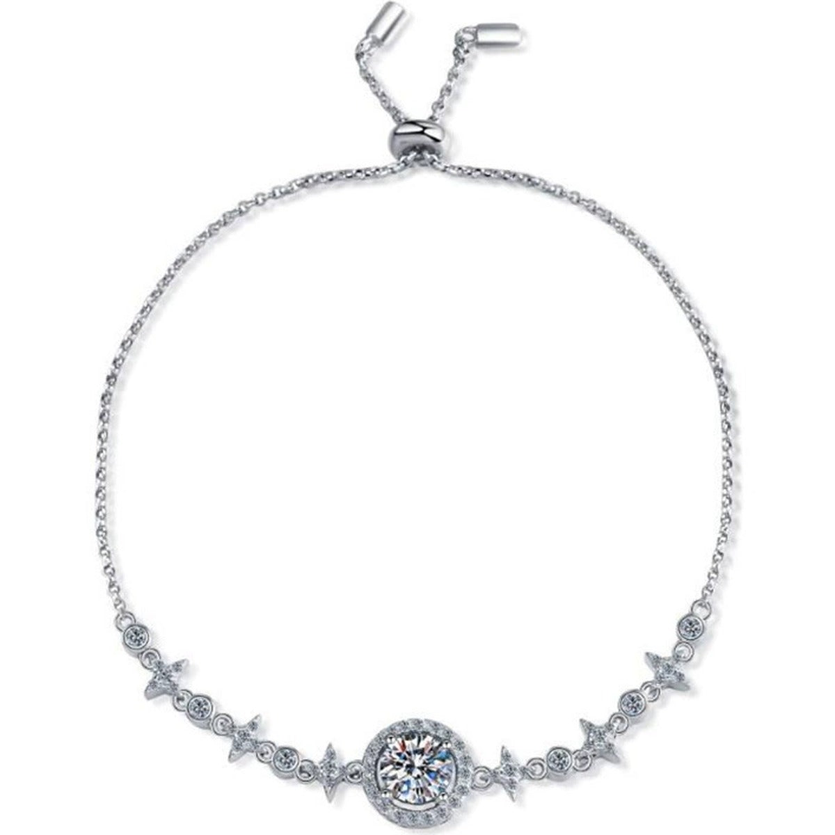 Round Halo Moissanite Bolo Bracelet with CZ in White Gold-Plated S925 sterling silver white background product photo showing bracelet shape and moissanite setting