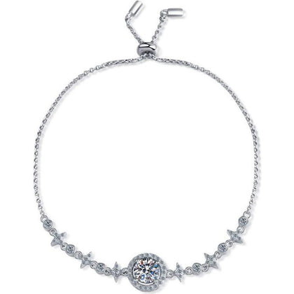 Round Halo Moissanite Bolo Bracelet with CZ in White Gold-Plated S925 sterling silver white background product photo showing bracelet shape and moissanite setting