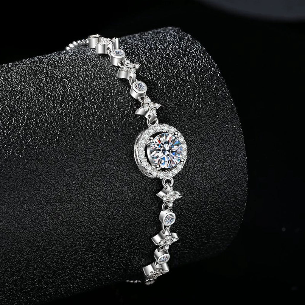 Round Halo Moissanite Bolo Bracelet with CZ in White Gold-Plated S925 sterling silver styled product scene showing stone sparkle and chain detail