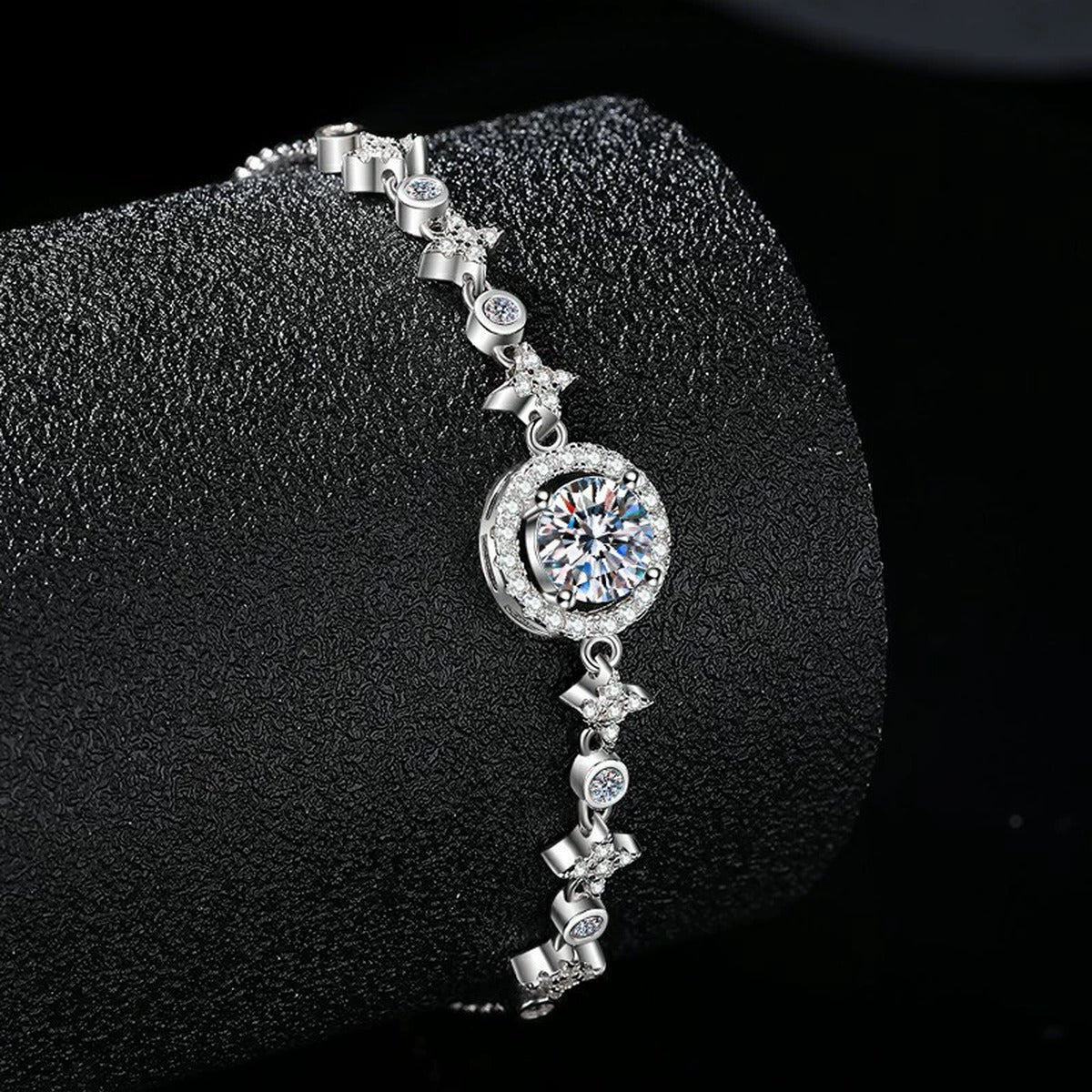 Round Halo Moissanite Bolo Bracelet with CZ in White Gold-Plated S925 sterling silver styled product scene showing stone sparkle and chain detail
