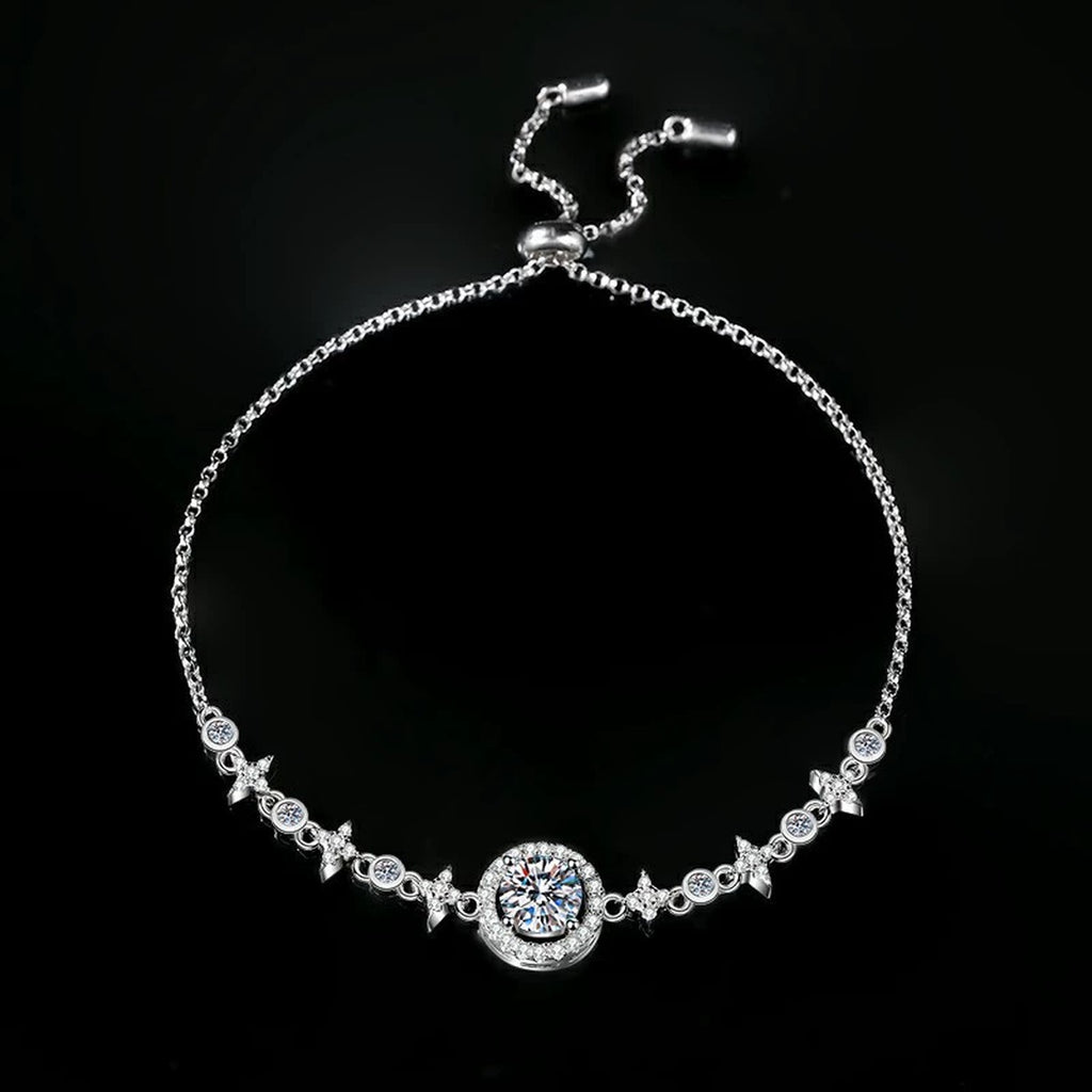 Round Halo Moissanite Bolo Bracelet with CZ in White Gold-Plated S925 sterling silver close-up bracelet detail view showing clasp and motif