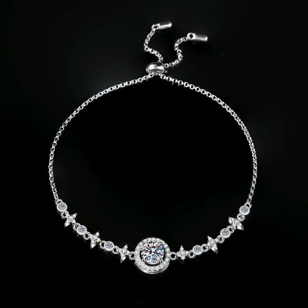 Round Halo Moissanite Bolo Bracelet with CZ in White Gold-Plated S925 sterling silver close-up bracelet detail view showing clasp and motif
